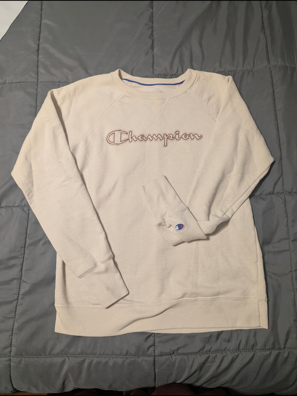 Champion Men’s Cream Crewneck with Embroidered Logo - Tan Outline
